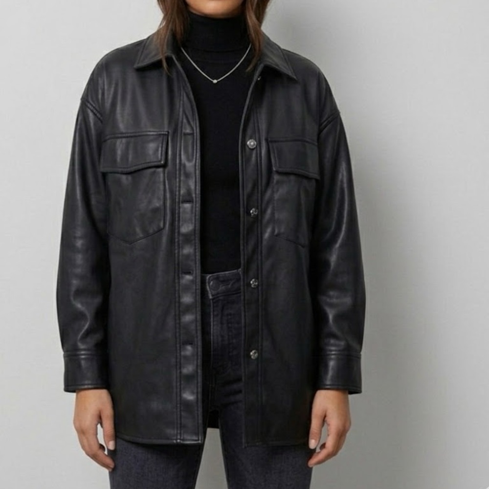 Bershka Black Vegan Leather Coat Large